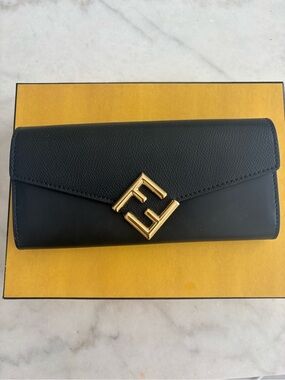 Fendi Black Leather Envelope Clutch with Gold FF Logo